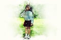 Beautiful kids girl walking street and traveling in the park on watercolor illustration painting background. Royalty Free Stock Photo