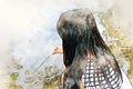 Beautiful kids girl walking street and traveling in the park on watercolor illustration painting background. Royalty Free Stock Photo