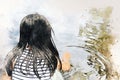 Beautiful kids girl walking street and traveling in the park on watercolor illustration painting background. Royalty Free Stock Photo