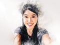 Abstract colorful beautiful woman selfie smile portrait watercolor illustration paint background. Royalty Free Stock Photo
