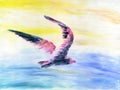 Abstract colorful bird flying high in the sky above the sea. Royalty Free Stock Photo