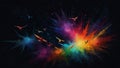 Abstract Colorful Birds in Motion with Splatter and Color Dispersion on Dark Background