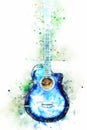 Abstract colorful Acoustic Guitar in the foreground Close up on Watercolor illustration paint background.