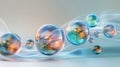 Abstract Colorful Bubbles Floating Among Fluid Waves: Modern Surreal Digital Art Concept