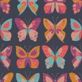 Abstract Colorful Butterflies on Dark grey Background Vector Seamless Pattern. Bold and Bright Insecets Elegant Texture Royalty Free Stock Photo