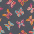 Abstract Colorful Butterflies on Dark Grey Textured Background Vector Seamless Pattern. Bold and Bright Insects Texture