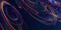 Abstract colorful circular lines on dark blue background. Concentric circles create dynamic burst of energy. Geometric