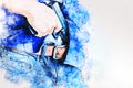 Man holding gunman concept on watercolor illustration painting background.
