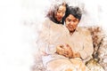 Close-up pregnant woman with husband in home on watercolor illustration painting background.