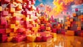 Abstract colorful cube structure against a vibrant sunset sky. Generative AI Royalty Free Stock Photo