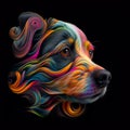 Abstract colorful cute furry dog illustration on black background, AI-generated image