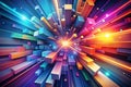 Abstract colorful 3D blocks exploding from bright light