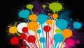 Abstract colorful explosion, bright blots of different shapes of paint on black and white background