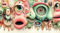 Abstract, colorful faces with exaggerated features and surreal expressions