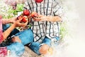 Asia mother and daughter holding and eating apples fruit on watercolor illustration painting background.