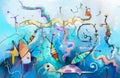 Abstract colorful fantasy underwater oil painting.