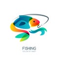 Abstract colorful fish and fishing hook. Vector fishing logo, label, emblem design elements. Royalty Free Stock Photo
