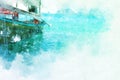 Colorful fishing boat on water sea in Thailand on watercolor illustration painting background. Royalty Free Stock Photo