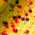 Abstract colorful flowers on bent yellow background with many little hearts