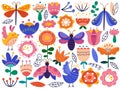 Abstract colorful flowers blossoms, birds and insects childish print design vector illustration Royalty Free Stock Photo