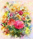 Abstract colorful flowers rose watercolor painting. Spring multicolored in nature.