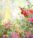 Abstract colorful flowers watercolor painting. Spring