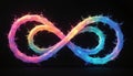 Abstract colorful fluid infinity symbol with glowing neon light splashes on black background. Liquid motion creates dynamic Royalty Free Stock Photo