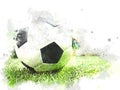 Abstract colorful football on green grass on watercolor illustration painting