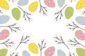 Abstract colorful frame border of bright Easter eggs and spring twigs. Copy space. Easter greetings