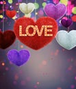 Abstract colorful furry hearts with marquee love letters