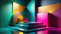 Abstract colorful geometric display platform with illuminated steps and cube. Generative AI Royalty Free Stock Photo
