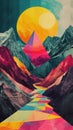 Abstract colorful geometric mountains with sun and pathway Royalty Free Stock Photo