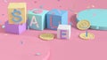 Abstract colorful geometric shape set and sale text cube pink background,business shopping concept 3d render