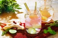 Abstract colorful ginger with lemon detox water and herb