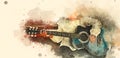 Colorful girl kids playing acoustic guitar on watercolor illustration painting background.