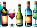 Abstract Colorful Glasses and bottle of Wine. Hand drawn illustration collection sets on digital art concept, Generative AI Royalty Free Stock Photo