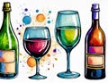 Abstract Colorful Glasses and bottle of Wine. Hand drawn illustration collection sets on digital art concept, Generative AI Royalty Free Stock Photo