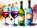 Abstract Colorful Glasses and bottle of Wine. Hand drawn illustration collection sets on digital art concept, Generative AI Royalty Free Stock Photo