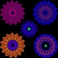 Abstract colorful halftone radial flowers set. Ornamental circular geometric shapes. Floral neon ornaments. Modern blurred Royalty Free Stock Photo