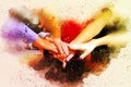 Abstract colorful handshake for business teamwork concept on watercolor illustration paint background.