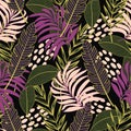 Abstract colorful hawaiian seamless pattern with tropical plants and leaves. Colorful stylish floral.Trendy summer Hawaii print.