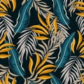 Abstract colorful hawaiian seamless pattern with tropical plants and leaves. Colorful stylish floral.Trendy summer Hawaii print.