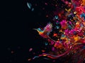 Abstract colorful illustration, colorful flowers, a splash of color and a colorful tiny bird flying out on a black background. Royalty Free Stock Photo