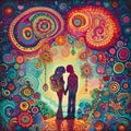 Abstract colorful illustration of kissing couple colorful ornaments circle dashes. Valentine\'s Day as a day symbol of affe Royalty Free Stock Photo