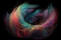 Abstract colorful illustration of a twirling and twisted dynamic shape, made from multiple thin threads, interwined. Generative AI