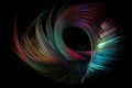 Abstract colorful illustration of a twirling and twisted dynamic shape, made from multiple thin threads, interwined. Generative AI