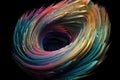 Abstract colorful illustration of a twirling and twisted dynamic shape, made from multiple thin threads, interwined. Generative AI