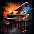 Abstract colorful image painting of piano and splashes of paint on grunge background. Musical instruments. Vintage style