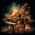 Abstract colorful image painting of piano and splashes of paint on grunge background. Musical instruments. Vintage style