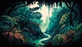 Abstract colorful jungle with a stream landscape background. Digital illustration generative AI.